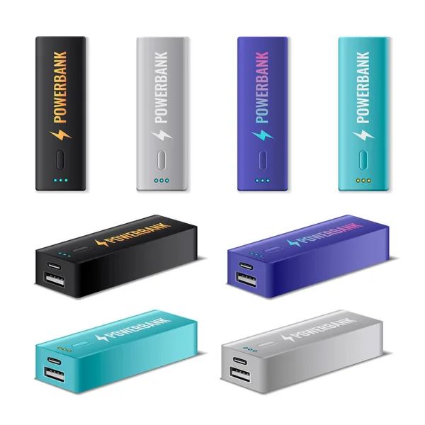 Powerbank Iconos Realistas Conjunto Con Cargadores Batería Multicolores Ilustración Vectorial — Vector de stock