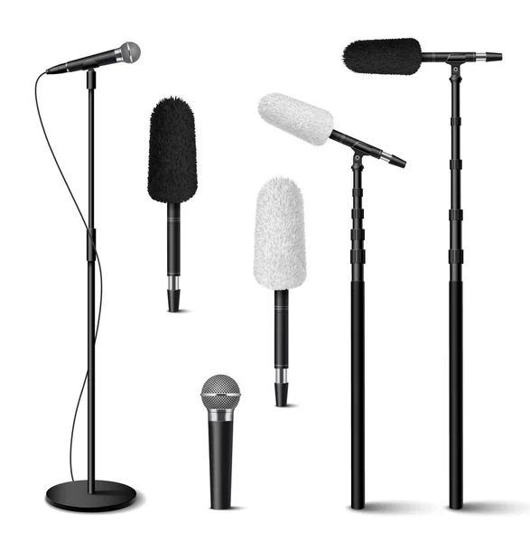 Mikrofonok Realisztikus Ikonok Készlet Klasszikus Fém Audio Eszközök Elszigetelt Fehér — Stock Vector