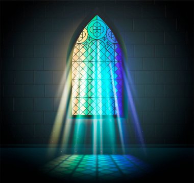 Lekeli cam mozaik kilise tapınağı katedral pencereleri. Renkli pencere ışınları çizimleriyle ışık bileşimi.