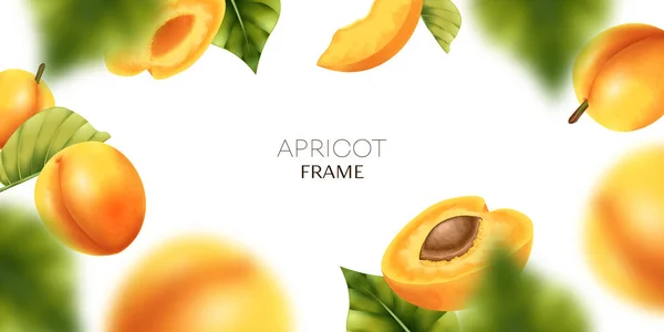 Realistic Apricot Frame Composition Editable Text Blurry Background Flying Fruits — Stock Vector
