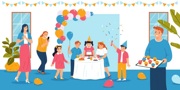Детская Вечеринка Плоская Концепция Счастливыми Детьми Празднуя День Рождения Друга — стоковый вектор