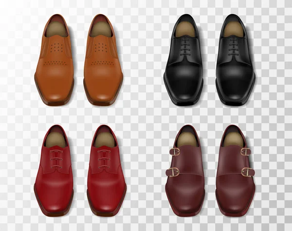 Cuatro Zapatos Masculinos Cuero Brillante Conjunto Realista Diferentes Colores Modelos — Vector de stock