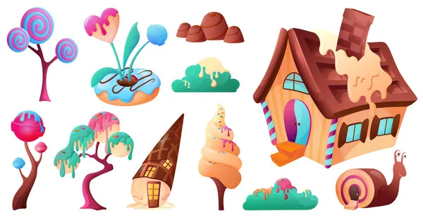 Fantazie Cukroví Pozemky Prvky Set Sladké Domy Stromy Karikatura Izolované — Stockový vektor