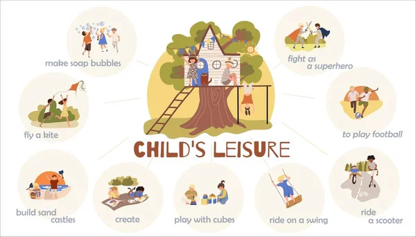 Giocare Bambini Set Infografico Con Bambini Simboli Tempo Libero Piatto — Vettoriale Stock
