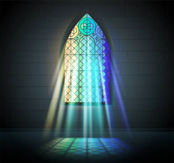Komposisi Cahaya Jendela Gereja Mosaik Kaca Patri Dengan Pemandangan Dalam - Stok Vektor