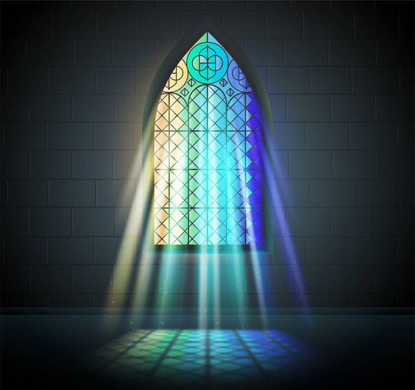 Stained glass mosaic church temple cathedral windows light composition with indoor view of colorful window rays vector illustration