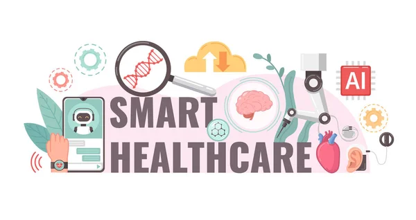 Smart Healthcare Digital Health Flat Composition Text Gear Icons Images — Archivo Imágenes Vectoriales