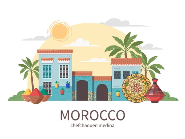 Marokko Toeristische Reizen Platte Compositie Met Bewerkbare Tekst Vooraanzicht Van — Stockvector