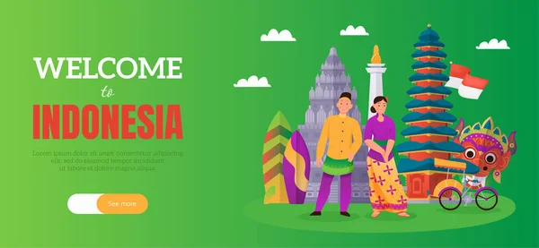 Indonesien Platt Affisch Med Människor Traditionella Kostymer Och Land Landmärken — Stock vektor