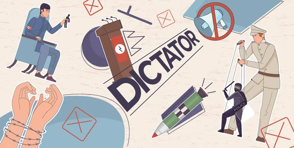 Dictature Politique Plat Composition Avec Collage Icônes Conceptuelles Marionnettes Bombes — Image vectorielle