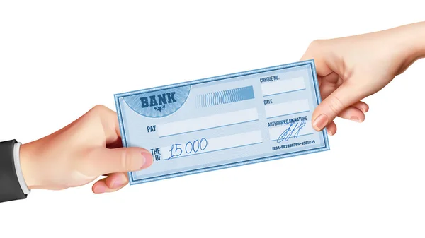 他の女性のビジネス組成物に署名銀行小切手を与えるビジネスマンの手現実的なベクトル図 — ストックベクタ