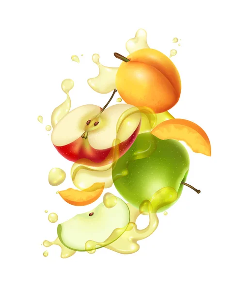 Des Éclaboussures Réalistes Jus Pomme Avec Illustration Vectorielle Fruits Coupés — Image vectorielle
