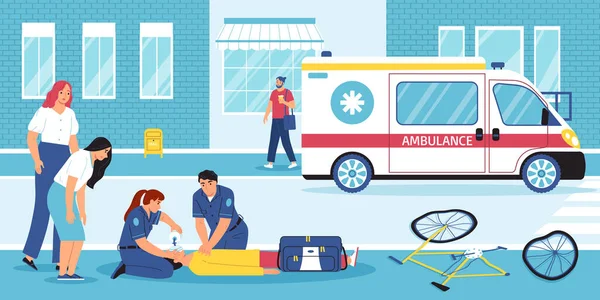 Första Hjälpen Platt Sammansättning Med Ambulans Bil Och Ambulans Läkare — Stock vektor