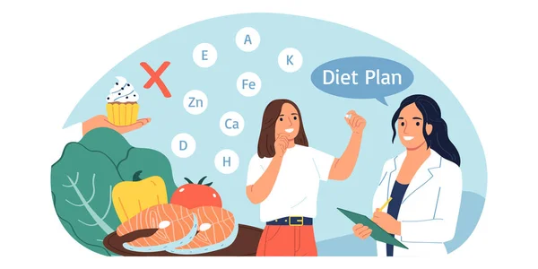 Concetto Nutrizionista Con Simboli Dieta Piano Vettoriale Illusione — Vettoriale Stock