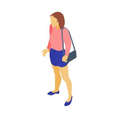 Beyaz arka planda el çantalı Isometric yüzsüz kadın 3D vektör illüstrasyonu