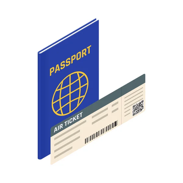 带有航空机票等距图标3D矢量图解的护照 — 图库矢量图片
