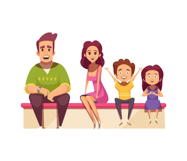 Glad Familj Med Två Barn Tittar Prestanda Platt Vektor Illustration — Stock vektor