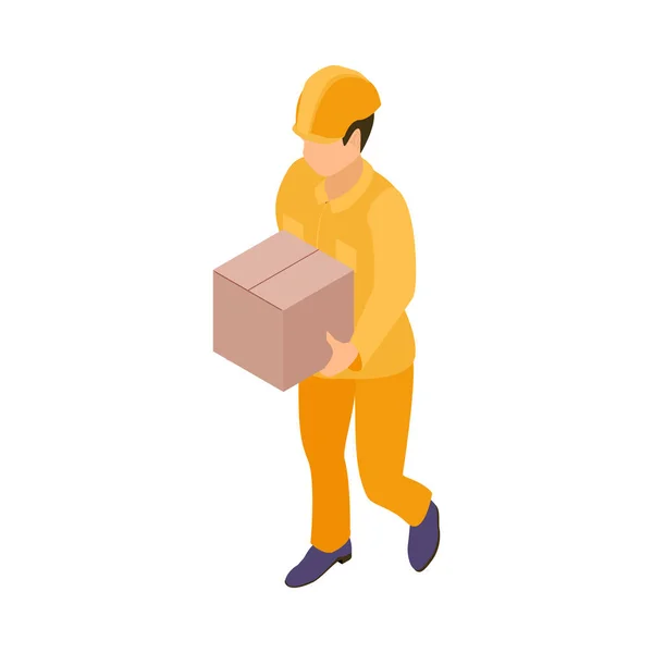 Male Builder Hardhat Carrying Box Isometric Icon Vector Illustration — Stock Vector