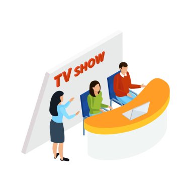 Sunucu ve sunucu 3d vektör illüstrasyonlu Isometric TV şovu stüdyo sahnesi