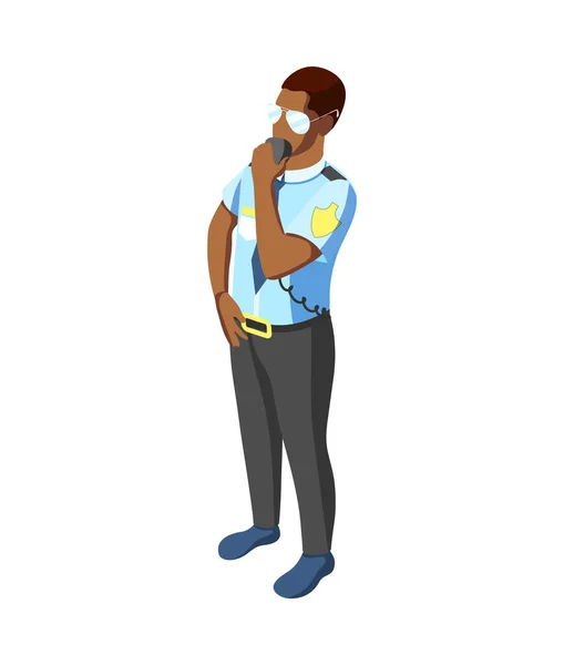Isométrico Policial Masculino Falando Sobre Rádio Vetor Ilustração —  Vetores de Stock