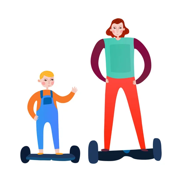 家庭活动扁平的概念与妈妈和她的儿子骑分段矢量说明 — 图库矢量图片