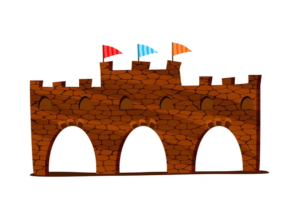 Muralla Fortaleza Piedra Con Arcos Banderas Colores Ilustración Vector Plano — Vector de stock