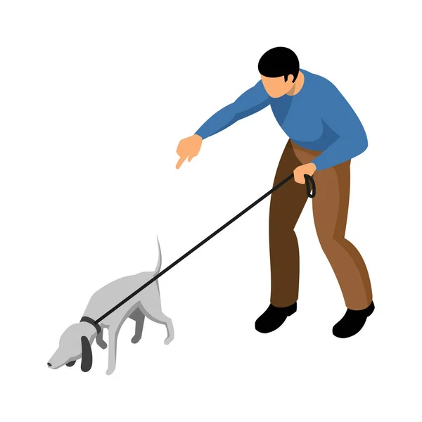 Mężczyzna Cynolog Szkolenia Pies Smyczy Izometryczny Ikona Wektor Ilustracja — Wektor stockowy