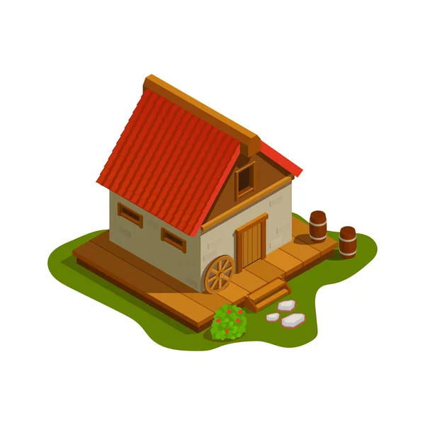 Isometric Medieval Village House Vector Illustration — Stock Vector