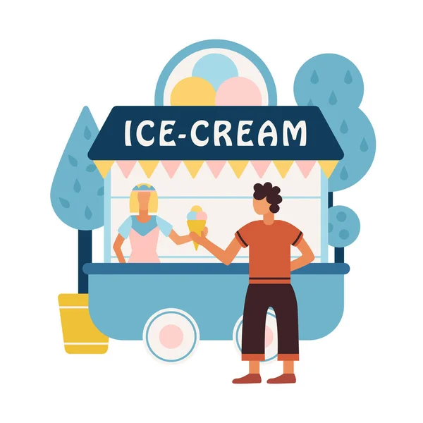 Ice Cream Cart Park Vendor Customer Flat Vector Illustration — Stock Vector