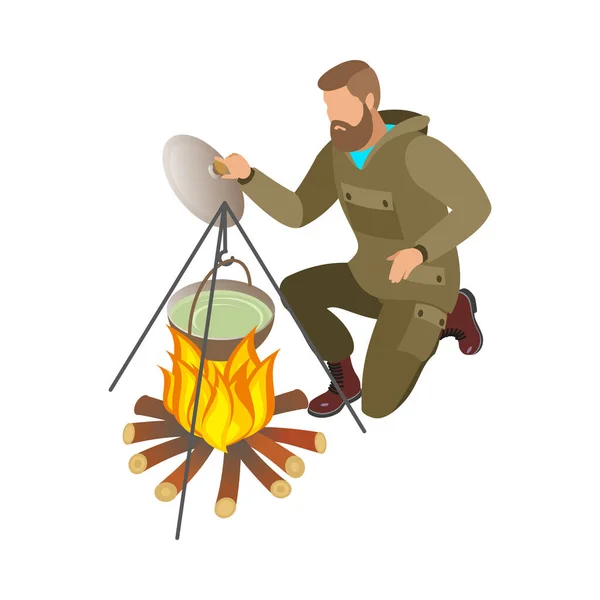 Camping Ícone Isométrico Com Homem Cozinhar Sopa Fogueira Vetor Ilustração — Vetor de Stock