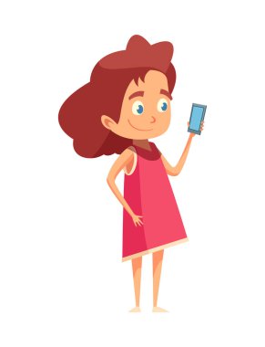 Akıllı telefon düz vektör çizimi ile gülümseyen küçük kız.