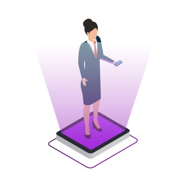 Isometric Cloud ofis simgesi ile kadın insan karakteri 3D vektör illüstrasyonu