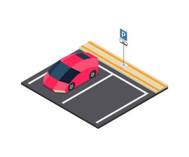 Modern arabası ve boş yeri olan Isometric otoparkı 3D vektör illüstrasyonu