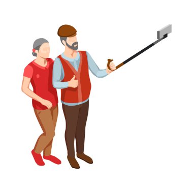 Isometric modern yaşlı çift selfie çubuğu 3D vektör illüstrasyonuyla fotoğraf çekiyor