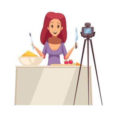 Kadın yemek şefi vlogger pişiriyor. Video karikatür vektör illüstrasyonu çekiyor.