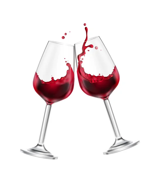 Šplouchání Červeného Vína Vinných Brýlích Realistické Vektorové Ilustrace — Stockový vektor
