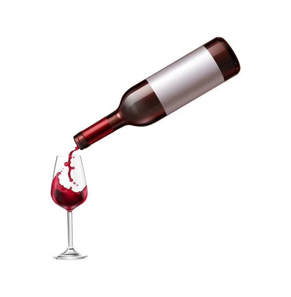 ボトルからワイングラスに注ぐ赤ワイン現実的なベクトルイラスト — ストックベクタ