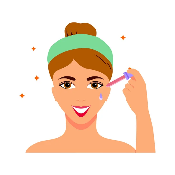 Schönheitsoperation Flaches Symbol Mit Schöner Frau Anwendung Gesichtsserum Vektor Illustration — Stockvektor
