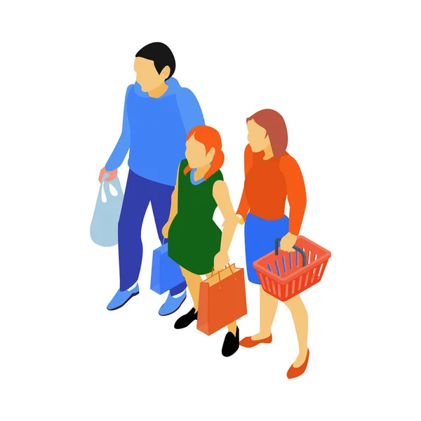バッグやバスケットを持つアイソメトリックファミリーは スーパーマーケット3Dベクトルイラストで買い物をする — ストックベクタ
