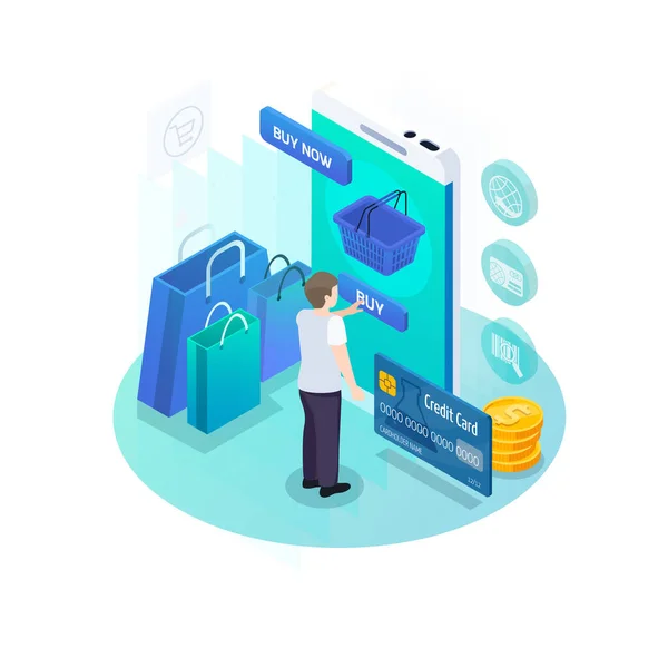 Ecommerce Ισομετρική Έννοια Πελάτη Που Πληρώνει Για Online Αγορές Πιστωτική — Διανυσματικό Αρχείο