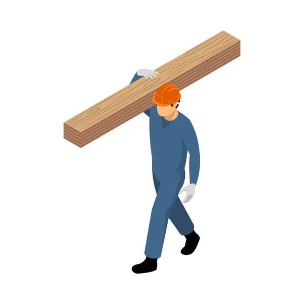 Manlig Byggare Hårdhatt Och Blå Uniform Bär Trä Plankor Isometrisk — Stock vektor