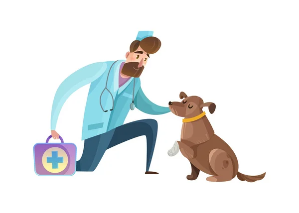 Veterinário Masculino Examinando Cão Com Pata Enfaixada Ilustração Vetorial Plana —  Vetores de Stock