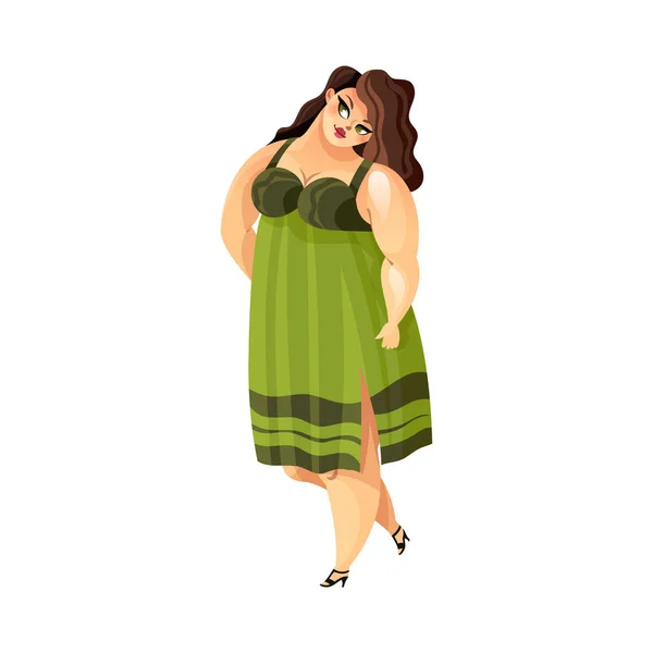 エレガントなふっくらしたプラスサイズの女性は緑のドレスフラットベクトルイラストを身に着けて — ストックベクタ