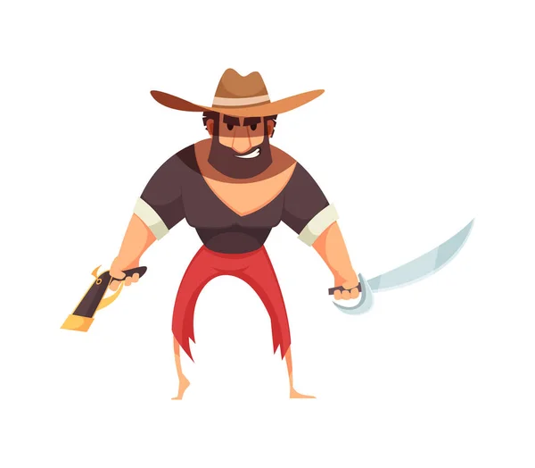 Arrabbiato Pirata Barbuto Con Pistola Spada Cartone Animato Vettoriale Illustrazione — Vettoriale Stock