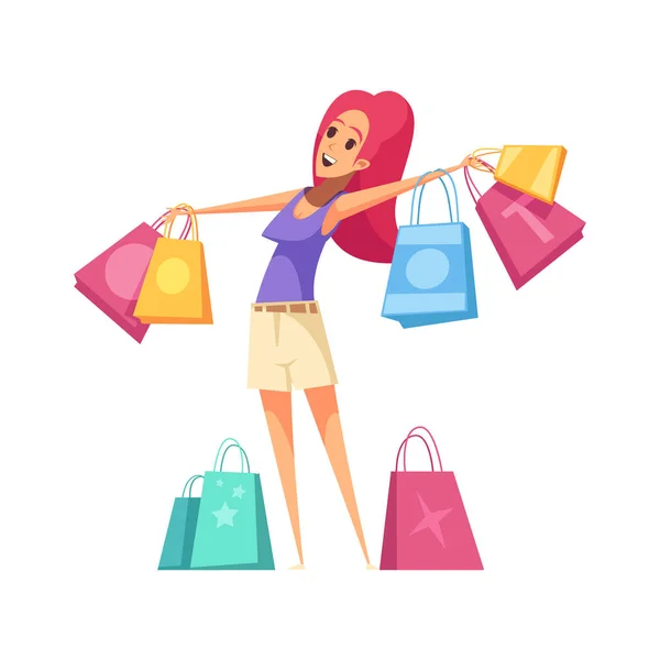 Glückliche Frau Shopaholic Nach Dem Einkaufen Cartoon Vektor Illustration — Stockvektor