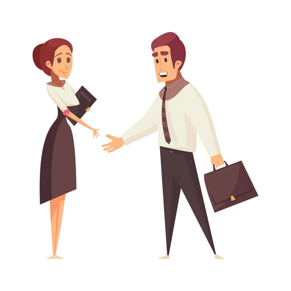 Male Job Candidate Greeting Female Manager Cartoon Vector Illustration — Stock Vector