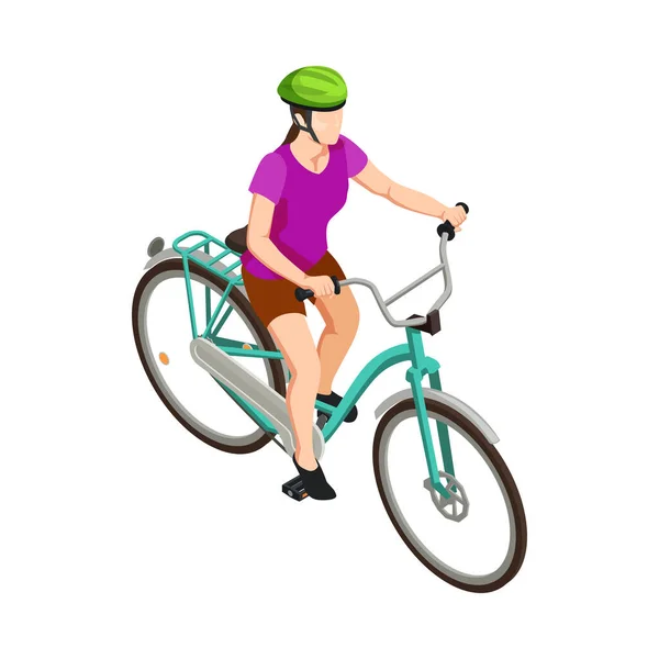 Ciclista Feminina Com Capacete Andar Bicicleta Ilustração Vetor Isométrico — Vetor de Stock