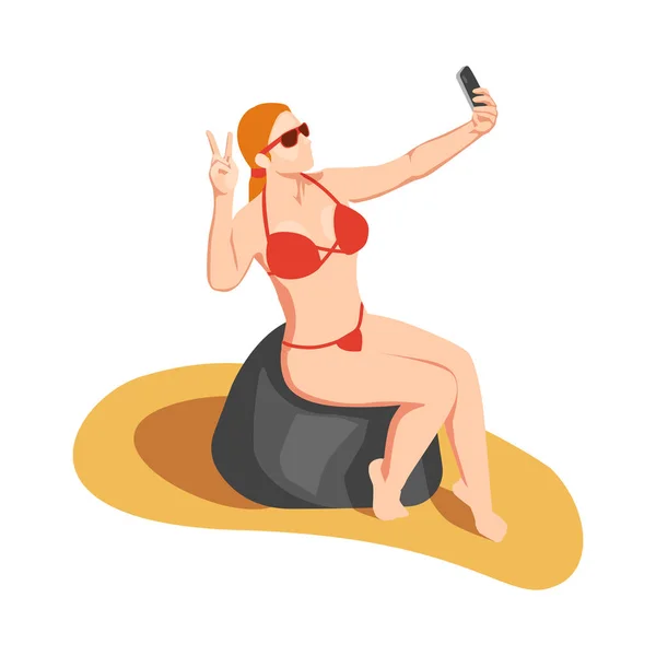 Icona Isometrica Vacanza Estiva Con Donna Costume Bagno Scattare Selfie — Vettoriale Stock