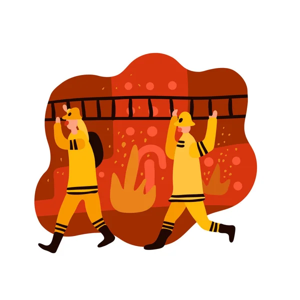 Πυρόσβεση Επίπεδη Σύνθεση Δύο Πυροσβέστες Μεταφέρουν Σκάλα Διανυσματική Απεικόνιση — Διανυσματικό Αρχείο