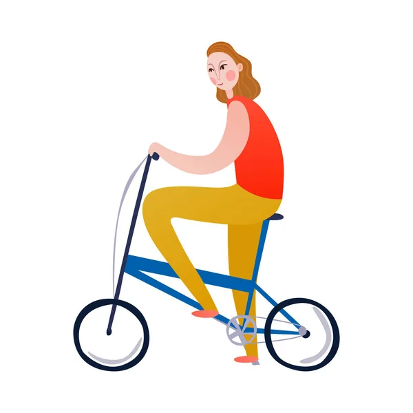 Ilustracja Kobieta Jazda Rower Płaski Wektor — Wektor stockowy